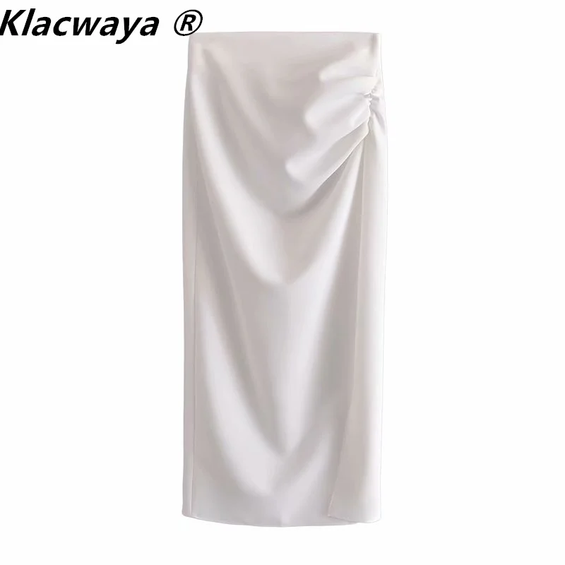 

FAKUNTN Klacwaya Za Women 2021 Chic Fashion Solid Color Draped Slit Hem Midi Skirt Vintage High Waist Back Elastic Female