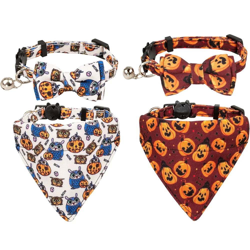 

Halloween Cat Collar Set Breakaway with Bow Tie and Bell Pumpkin Lantern Bat Spider Pattern for Kitty Adjustable Safety Collars