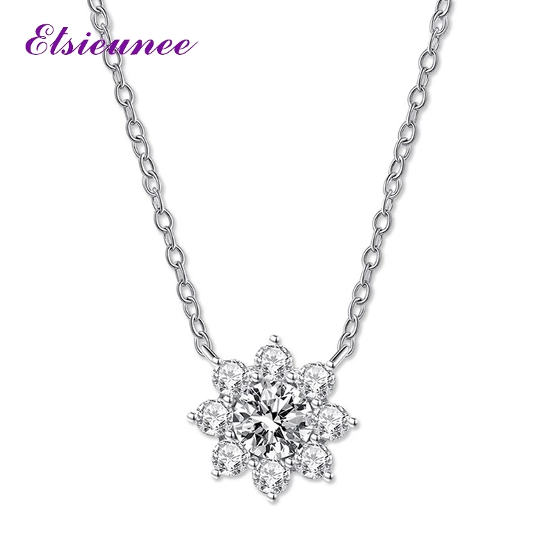 

ELSIEUNEE New 100% 925 Sterling Silver Flower Design Simulated Moissanite Diamonds Wedding Pendant Necklaces Women Fine Jewelry