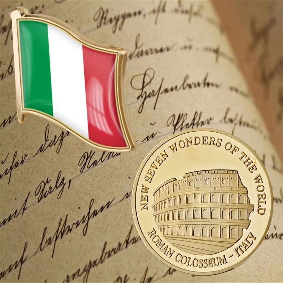 

Italy Lapel Enamel Flag Brooch Pin New World Seven Wonders Ancient Colosseum Embossed Gold Plated Metal Souvenir Coin Collection