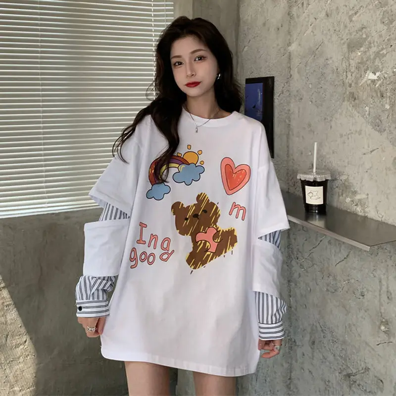 Women's Bear T-shirt False Two-piece Design Stripe Stitching Autumn Korean 2021 New Long Sleeve Large Top
Women's Bear T-shirt False Two-piece Design Stripe Stitching Autumn Korean 2021 New Long Sleeve Large Top