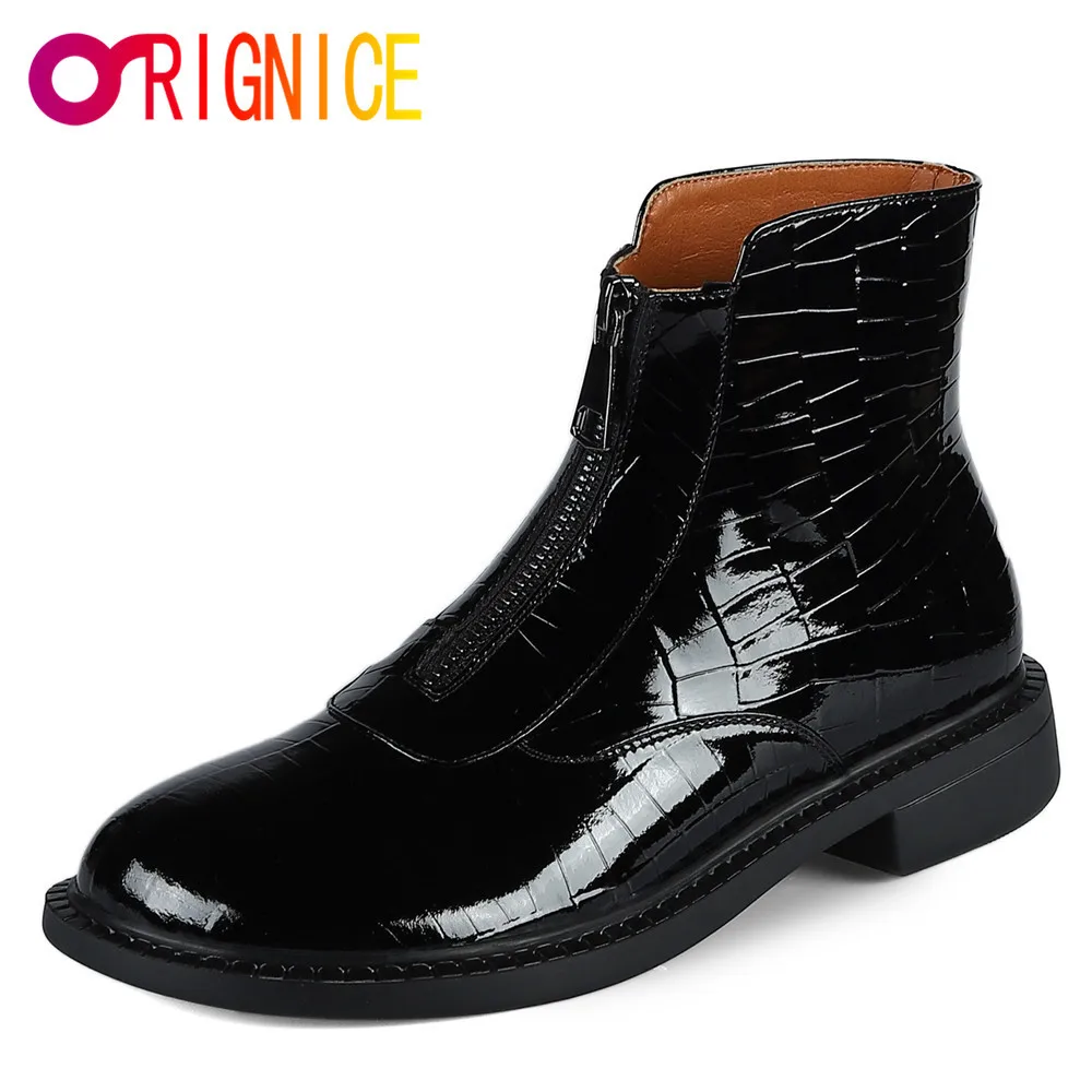 Orignice High Quality Genuine Patent Leather Women Ankle Boots Autumn Winter Concise Low Heels Fashion Front Zip Leisure Shoes
Orignice High Quality Genuine Patent Leather Women Ankle Boots Autumn Winter Concise Low Heels Fashion Front Zip Leisure Shoes