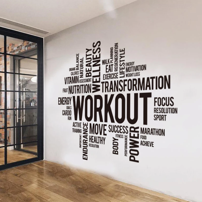 

Gym Workout Word Cloud Wall Sticker Office Crossfit Fitness Inspirational Motivational Quote Wall Decal Sport Training Club