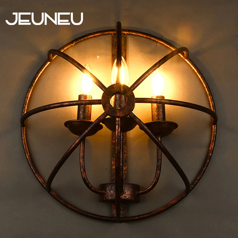 

Loft Retro Industrial Wall Lamps E14 LED Round Style Black Iron Rust 3 Lights Wall Lights Sconce for Living Room Bedroom Bar