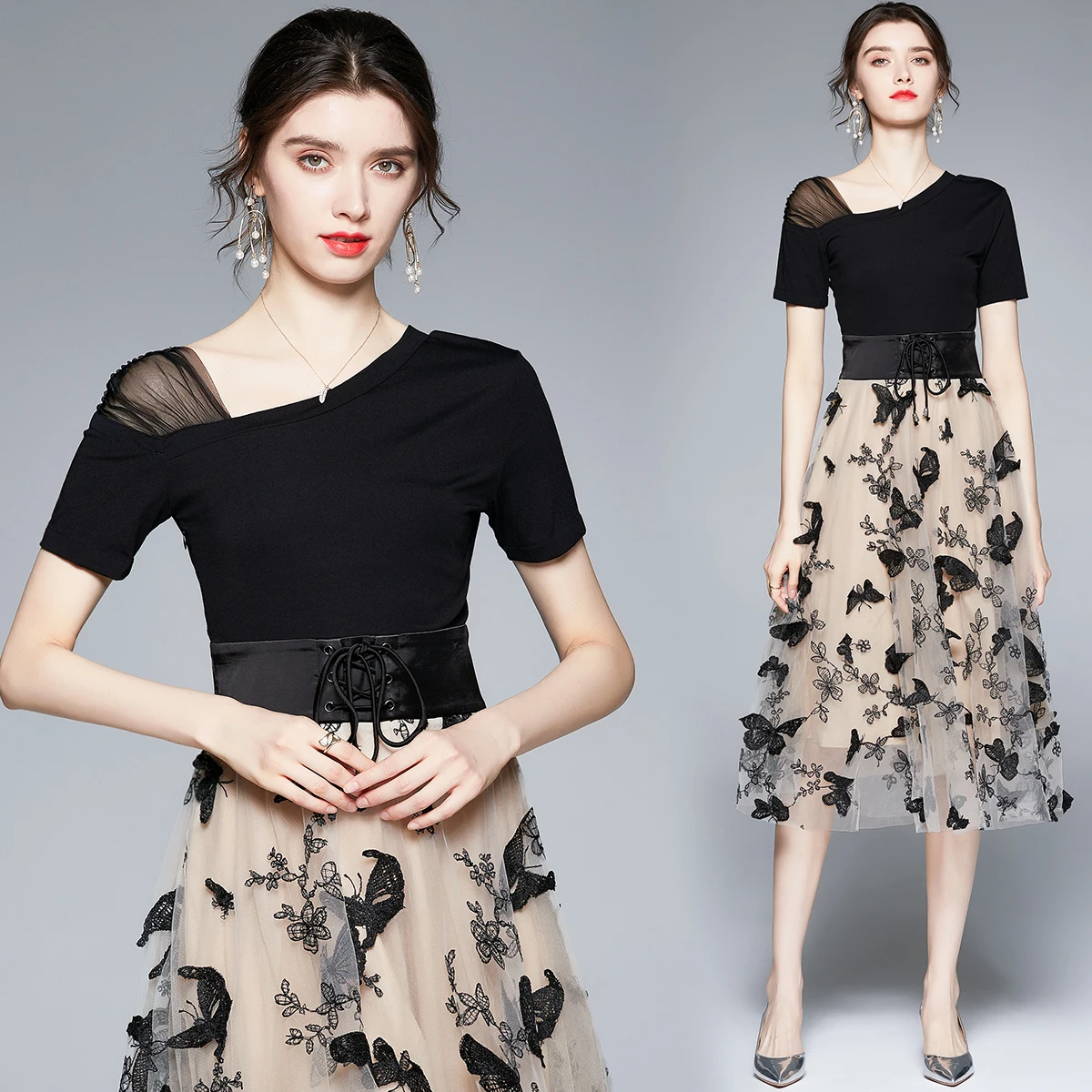 Make spot 2021 new light ripe wind Roman stitching net yarn embroidery dress # 8697
Make spot 2021 new light ripe wind Roman stitching net yarn embroidery dress # 8697