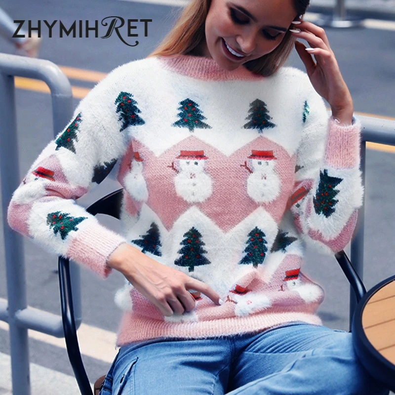 ZHYMIHRET женский свитер с принтом рождественской елки и снеговика Осень-зима 2019