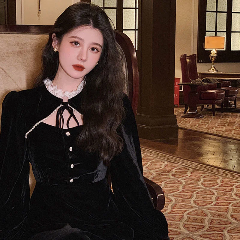 Court Style Black Golden Velvet Lace Long Sleeve Dress Women's Autumn and Winter French Waist Long Skirt with Thin
Court Style Black Golden Velvet Lace Long Sleeve Dress Women's Autumn and Winter French Waist Long Skirt with Thin