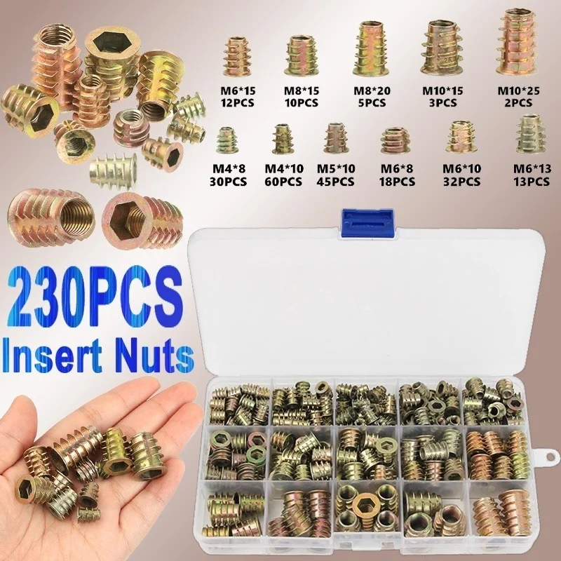 230PCS Assorted Flanged Hex Drive Head Furniture Nuts M4 M6 M8 M10 Zinc alloyl Thread For Wood Insert Nut
230PCS Assorted Flanged Hex Drive Head Furniture Nuts M4 M6 M8 M10 Zinc alloyl Thread For Wood Insert Nut