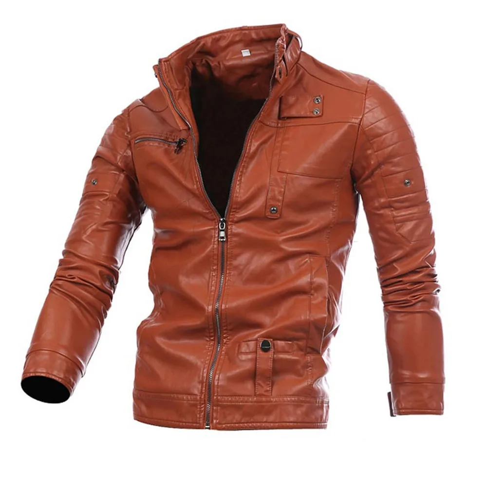 

Classical Motorcycle Leather Jackets 2021 Spring Men's Zipper Jacket Youth Handsome Stand Collar Coats Solid Color Leather Coat