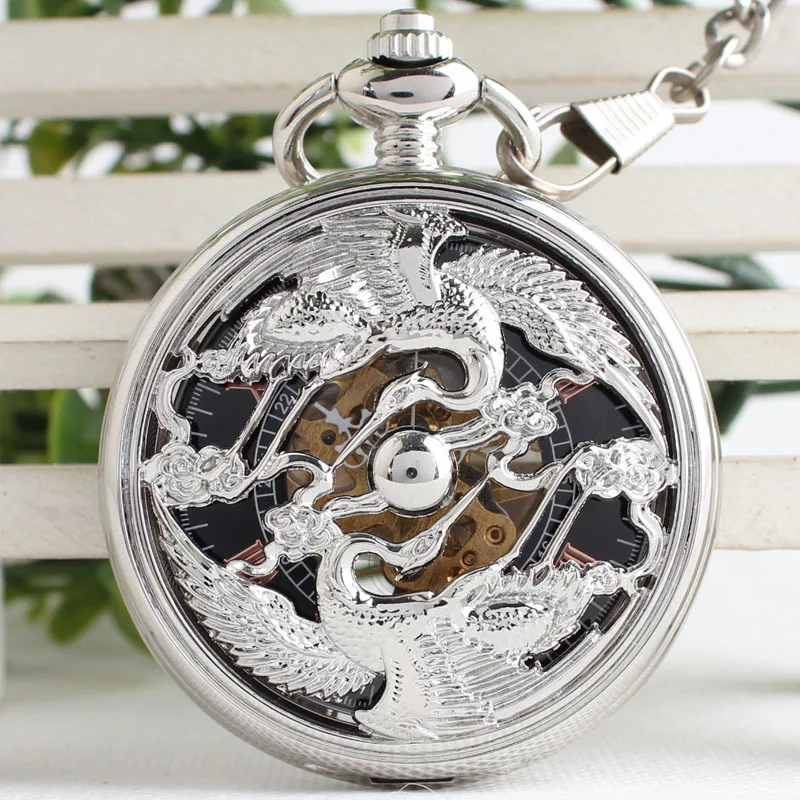 Серебряные птицы полые раскладушка ручной Ветер Механические карманные часы для