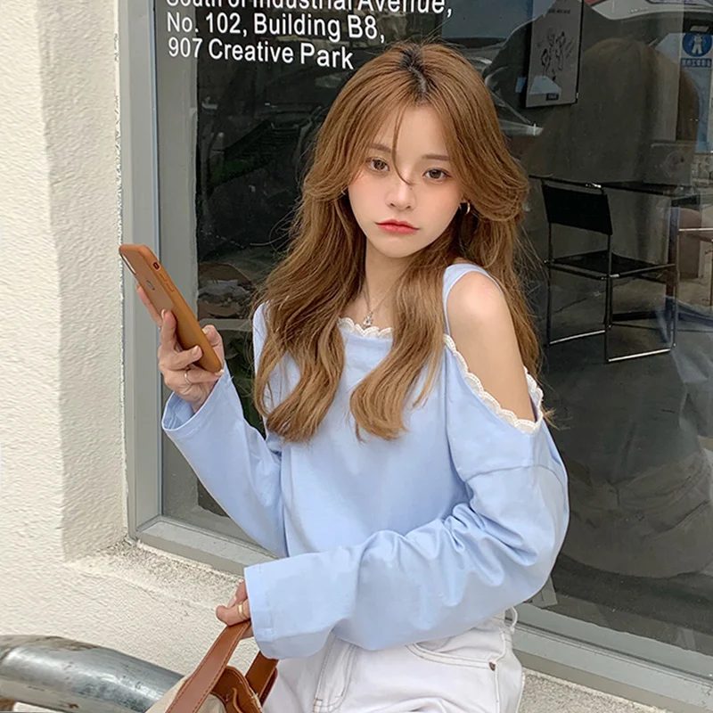 Korean Clothes New Spring/Autumn Casual Oversize Women's Clothing Tops Unilateral Strapless Fashion Trend Slash Neck Loose Tees 
Korean Clothes New Spring/Autumn Casual Oversize Women's Clothing Tops Unilateral Strapless Fashion Trend Slash Neck Loose Tees