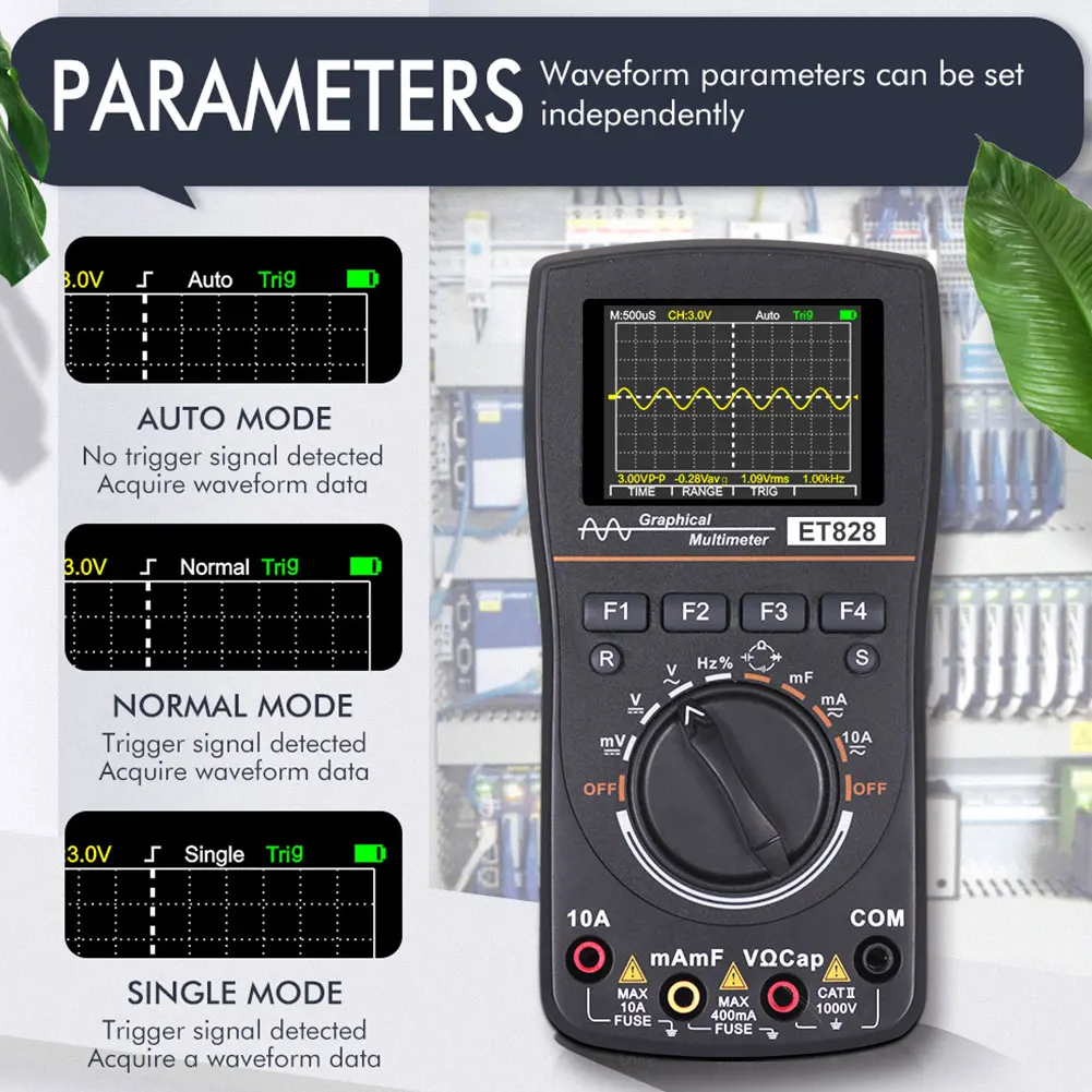 ET828 Oscilloscope Multimeter Digital Graphical 1MHZ 2.5MSPS Sampling Rate 2 in 1 Digital Oscilloscope Handheld Multimeter
ET828 Oscilloscope Multimeter Digital Graphical 1MHZ 2.5MSPS Sampling Rate 2 in 1 Digital Oscilloscope Handheld Multimeter