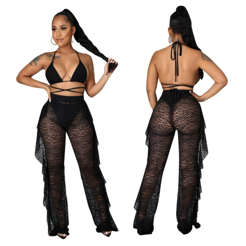 Black Lace Crochet 3 Piece Set Women Backless Halter Crop Top Ribbons Lace Up See Through Ruffles Long Pants With Underwear Sexy
Black Lace Crochet 3 Piece Set Women Backless Halter Crop Top Ribbons Lace Up See Through Ruffles Long Pants With Underwear Sexy