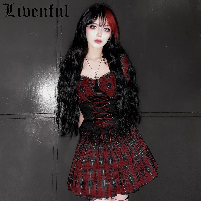 Goth Puff Sleeve Plaid Pleated Mini Dress Lace Hem Lace-up Sweet Princess Gothic Vintage Harajuku Emo E-girl Aesthetic Slinky
Goth Puff Sleeve Plaid Pleated Mini Dress Lace Hem Lace-up Sweet Princess Gothic Vintage Harajuku Emo E-girl Aesthetic Slinky