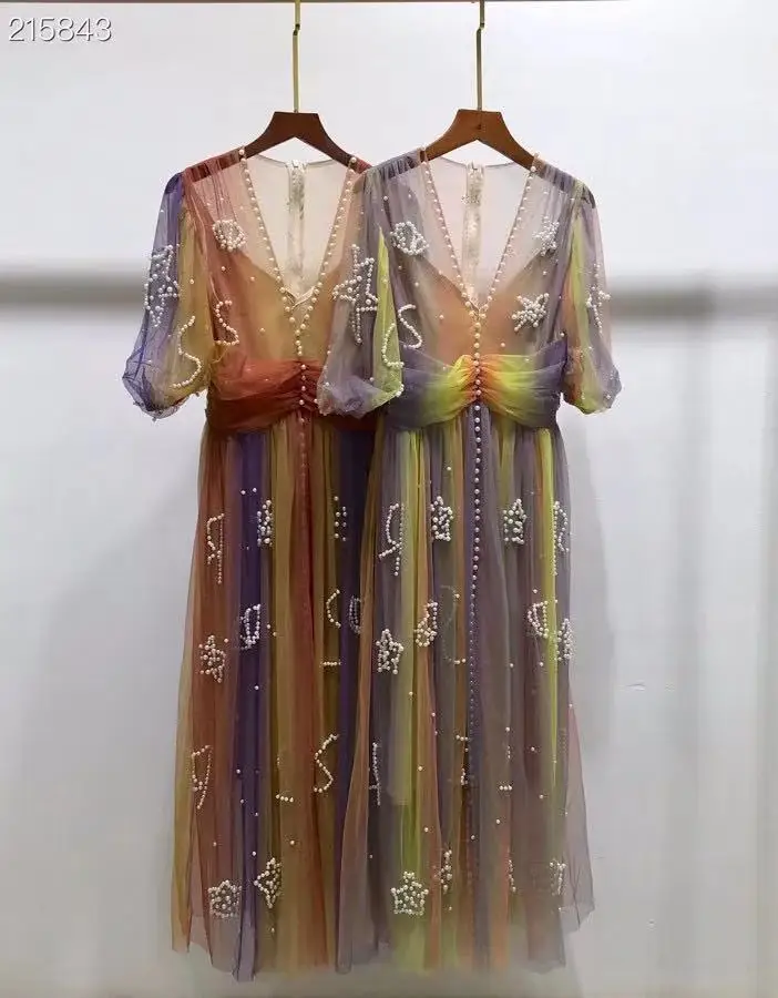 2021 Summer Fashion Runway Dress Women V-Neck Half Sleeve Beading Gradient Color Retro Crystal Long Holiday Vintage Mesh Dress
2021 Summer Fashion Runway Dress Women V-Neck Half Sleeve Beading Gradient Color Retro Crystal Long Holiday Vintage Mesh Dress