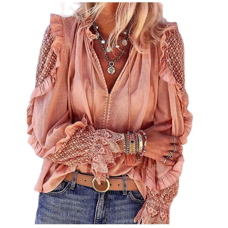 Spring Autumn V-neck Splicing Lace Hollow out Loose Blouse Women Plus Size Casual Long Sleeve Ruffles Shirt Office Lady Clothing
Spring Autumn V-neck Splicing Lace Hollow out Loose Blouse Women Plus Size Casual Long Sleeve Ruffles Shirt Office Lady Clothing