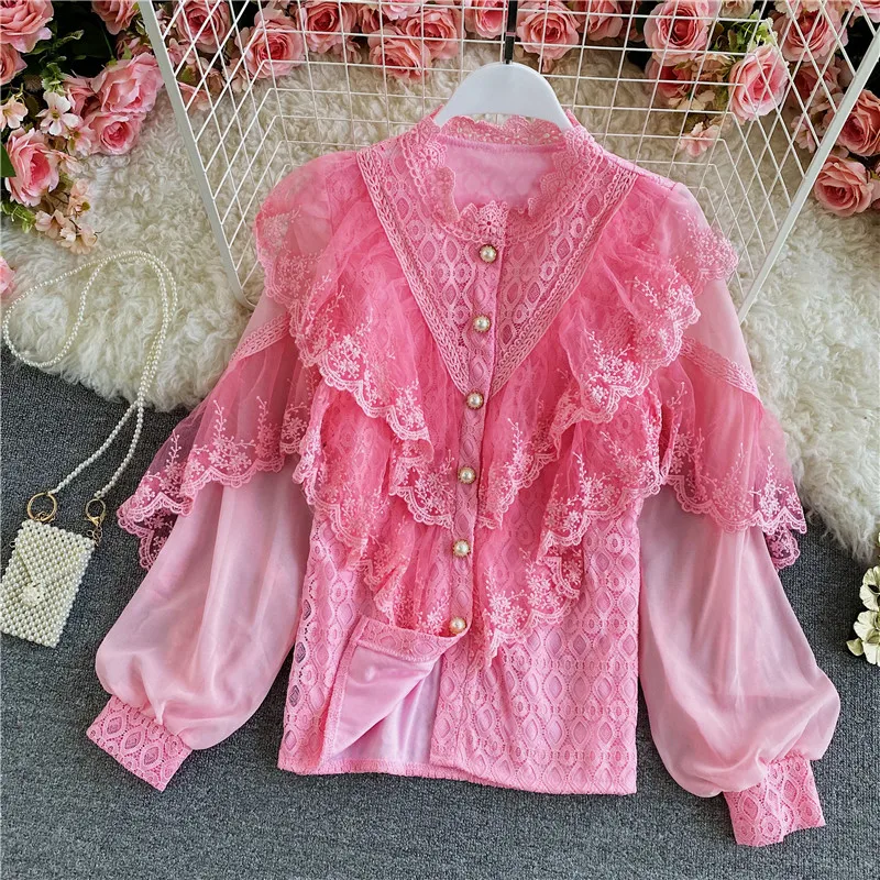 Spring Autumn New Style Stand-up Collar Lace Stitching Ruffled Shirt Female Chiffon Lantern Sleeve Bottoming Shirt Top C158
Spring Autumn New Style Stand-up Collar Lace Stitching Ruffled Shirt Female Chiffon Lantern Sleeve Bottoming Shirt Top C158