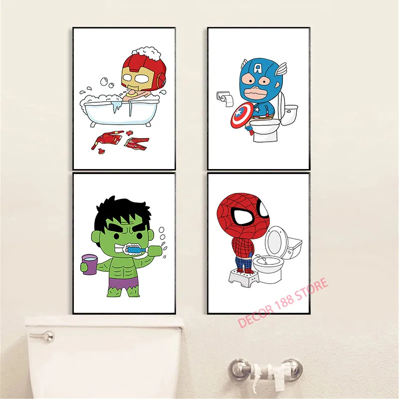 

Marvel Avengers Superhero Brushing Bathing Pooping Posters Prints Funny Bathroom Sign Hero Canvas Painting Toilet Wall Art Decor