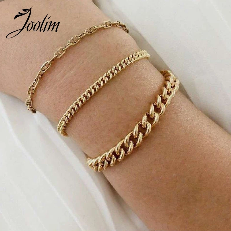 

Joolim Jewelry Wholesale High End PVD Waterproof Statement Classic Dainty Cuban Chain Stainless Steel Bracelet for Women