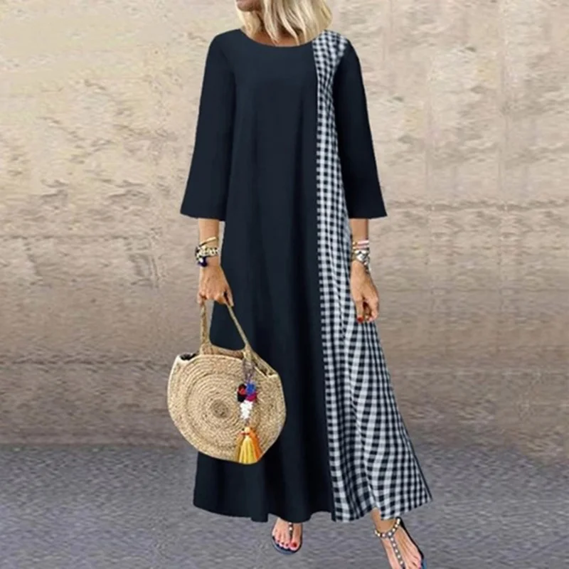 2021 Summer Women's Wear European And American Loose Round Neck Cotton Hemp Plaid Stitching 7 / 3 Sleeve Dress Home Casual Skirt
2021 Summer Women's Wear European And American Loose Round Neck Cotton Hemp Plaid Stitching 7 / 3 Sleeve Dress Home Casual Skirt