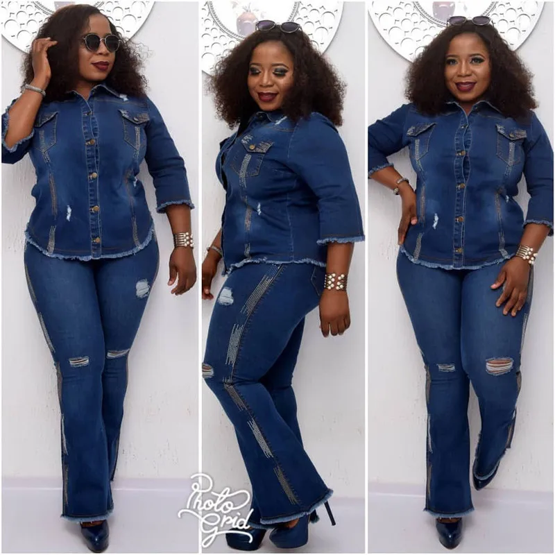 Denim Two Piece Set Tracksuit Women African Clothes Half Sleeve Jeans Top and Flare Pants Suits Sets Female Vintage Jean Outfits
Denim Two Piece Set Tracksuit Women African Clothes Half Sleeve Jeans Top and Flare Pants Suits Sets Female Vintage Jean Outfits