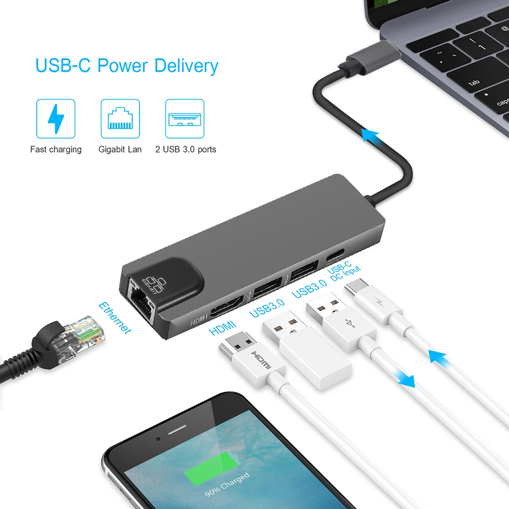 4K USB C Hub to Gigabit Ethernet Rj45 Lan 5 in 1 Type Hdmi-compatible Adapter for Mac Book Pro 3 USB-C Charger PD | Компьютеры и офис