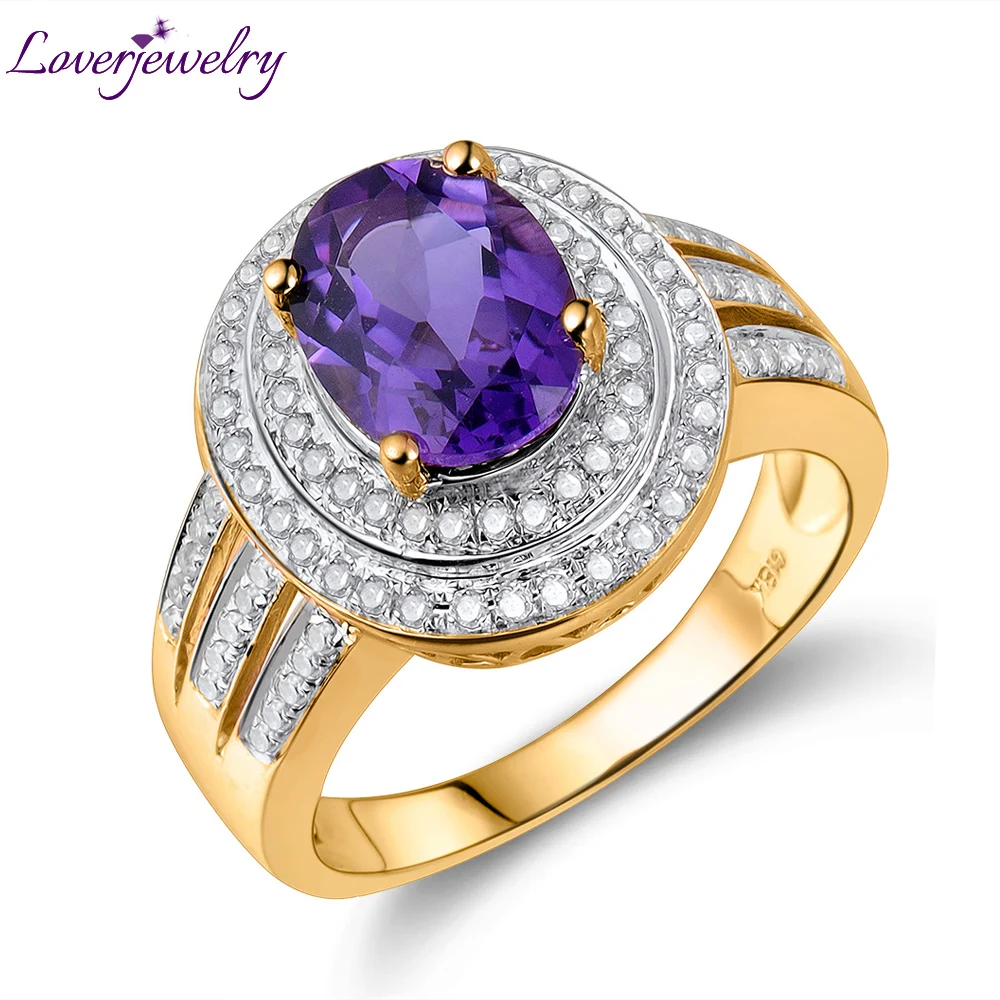 

LOVERJEWELRY Women Rings Solid 14Kt Yellow Gold Diamond Fine Jewelry Oval Natural Amethyst Rings Gift For Girlfriend Anniversary