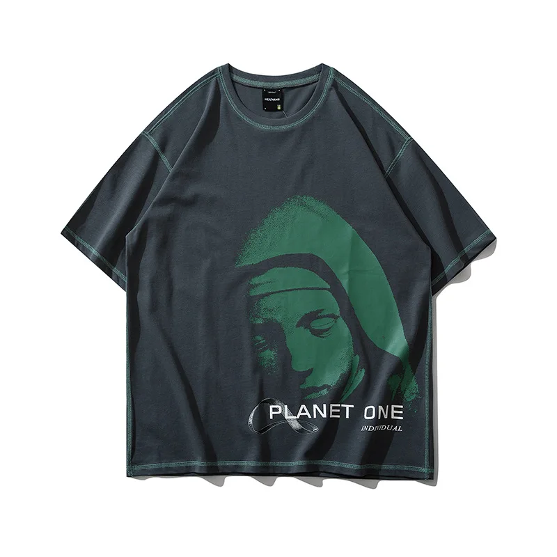 High street oversized half T-shirt nun print couple large short sleeve men's casual round neck cotton top
High street oversized half T-shirt nun print couple large short sleeve men's casual round neck cotton top