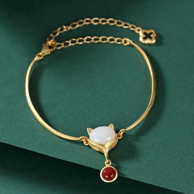 

S925 Sterling Silver Natural Hetian Jade South Red Jade Retro Personality Fox All-Matching Graceful Women's Open-Mouth Bracelet
