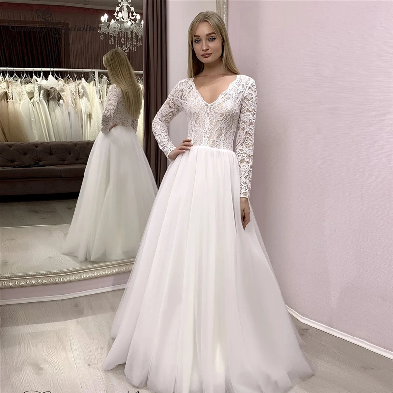 Lace Boho Wedding Dresses Long Sleeve V-Neck Button Back A-Line Tulle Skirt Beach Bridal Gowns Plus Size Vestidos De Novia
Lace Boho Wedding Dresses Long Sleeve V-Neck Button Back A-Line Tulle Skirt Beach Bridal Gowns Plus Size Vestidos De Novia