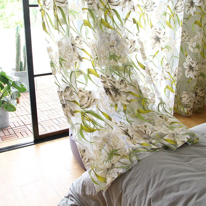 

Floral Tulle Curtain for Living Room Window Sheer Curtains for Kitchen Door Pastoral Printed Voile Curtains Drapes Blinds Green