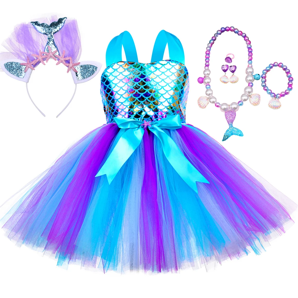 

Mermaid Costume for Girls Under The Sea Theme Birthday Party Tutu Dress with Headband Necklace Baby Kids Princess Mermaid Outfit