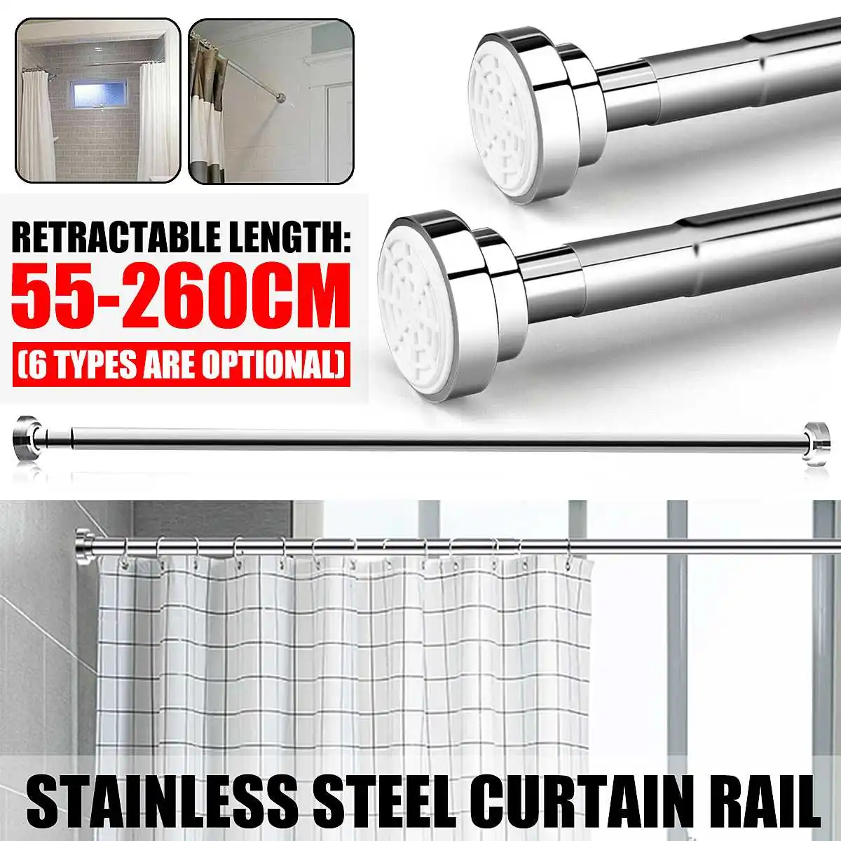 55-260CM Telescopic Shower Curtain Rod No Punching Stretching Curtain Rail Bar Household Products Tension Dry Clothes Pole
55-260CM Telescopic Shower Curtain Rod No Punching Stretching Curtain Rail Bar Household Products Tension Dry Clothes Pole