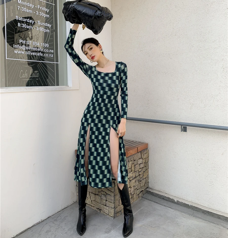 Kimotimo Vintage Plaid Dress Women Designer Ins Summer Square Collar Long Sleeve Slim High Split Dress Vestido De Mujer 2021
Kimotimo Vintage Plaid Dress Women Designer Ins Summer Square Collar Long Sleeve Slim High Split Dress Vestido De Mujer 2021