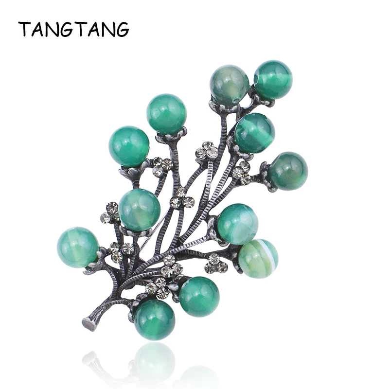 

TANGTANG Green Tree Brooch - Vintage Men's Coat Brooch Pin Antique Tin Plated Nature Stones Rhinestone Black Tone Brooches Hot