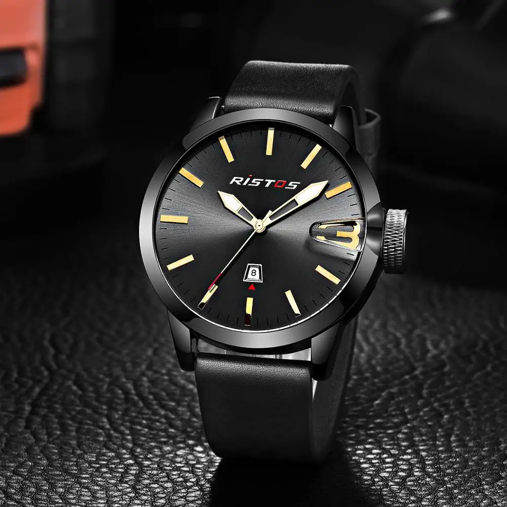 RISTOS мужские спортивные часы повседневные натуральная кожа Reloj Masculino наручные Relojes