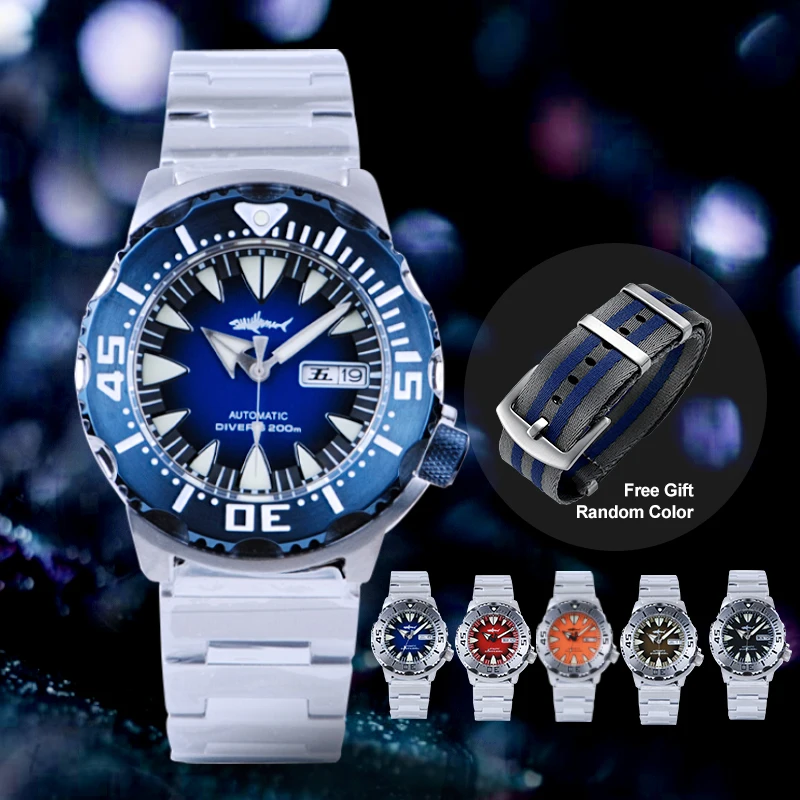 

Мужские механические наручные часы Monster 2021, черный циферблат, сапфировый кристалл, водостойкость 20 АТМ, часы для дайвинга Sharkey