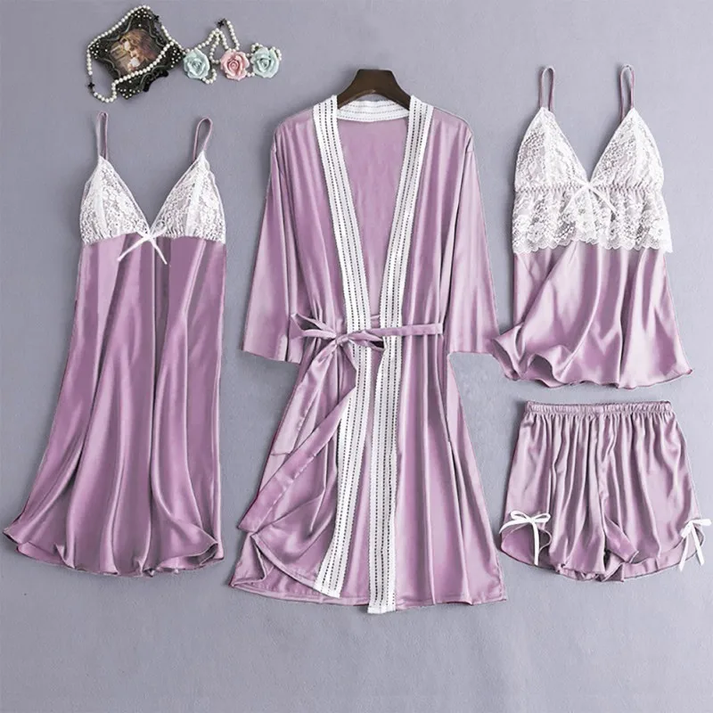 4 Piece Ladies Sexy Pajamas Set for Women Faux Silk Satin Robe Lace Sling Sleepwear Spring Autumn Sleepwear With Chest Pads
4 Piece Ladies Sexy Pajamas Set for Women Faux Silk Satin Robe Lace Sling Sleepwear Spring Autumn Sleepwear With Chest Pads