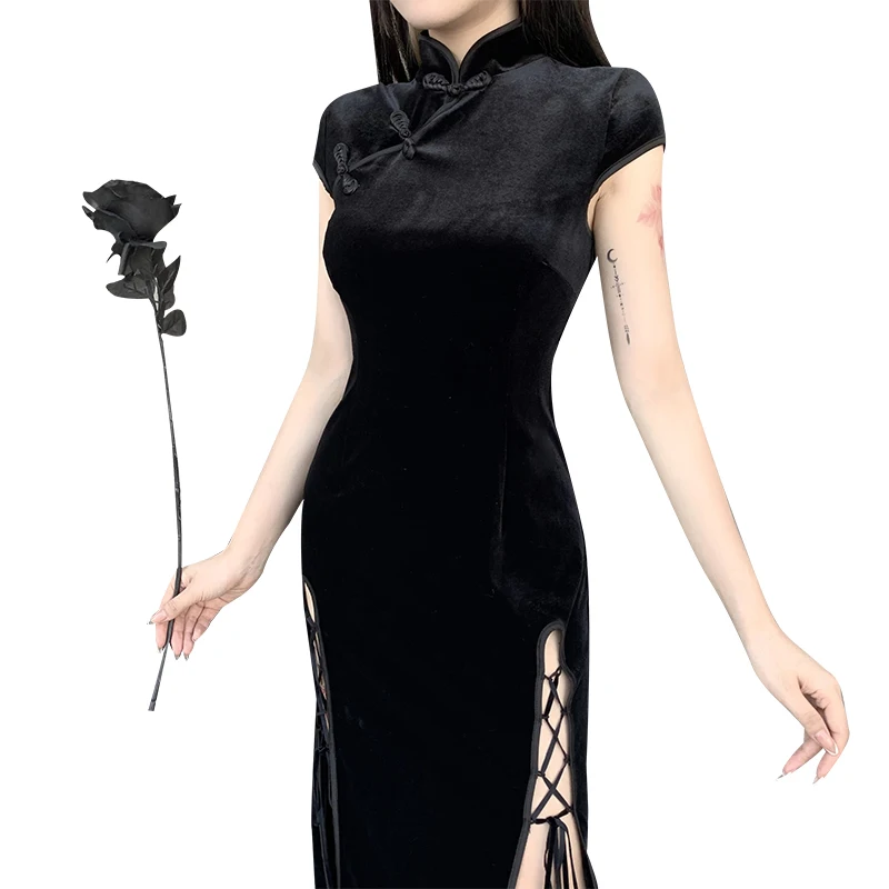 Cheongsam Women Goth Dress Stand Collar Gothic Style Skinny Dress Black Elegant Split Long Qipao Ladies Bodycon Mini Dresses
Cheongsam Women Goth Dress Stand Collar Gothic Style Skinny Dress Black Elegant Split Long Qipao Ladies Bodycon Mini Dresses