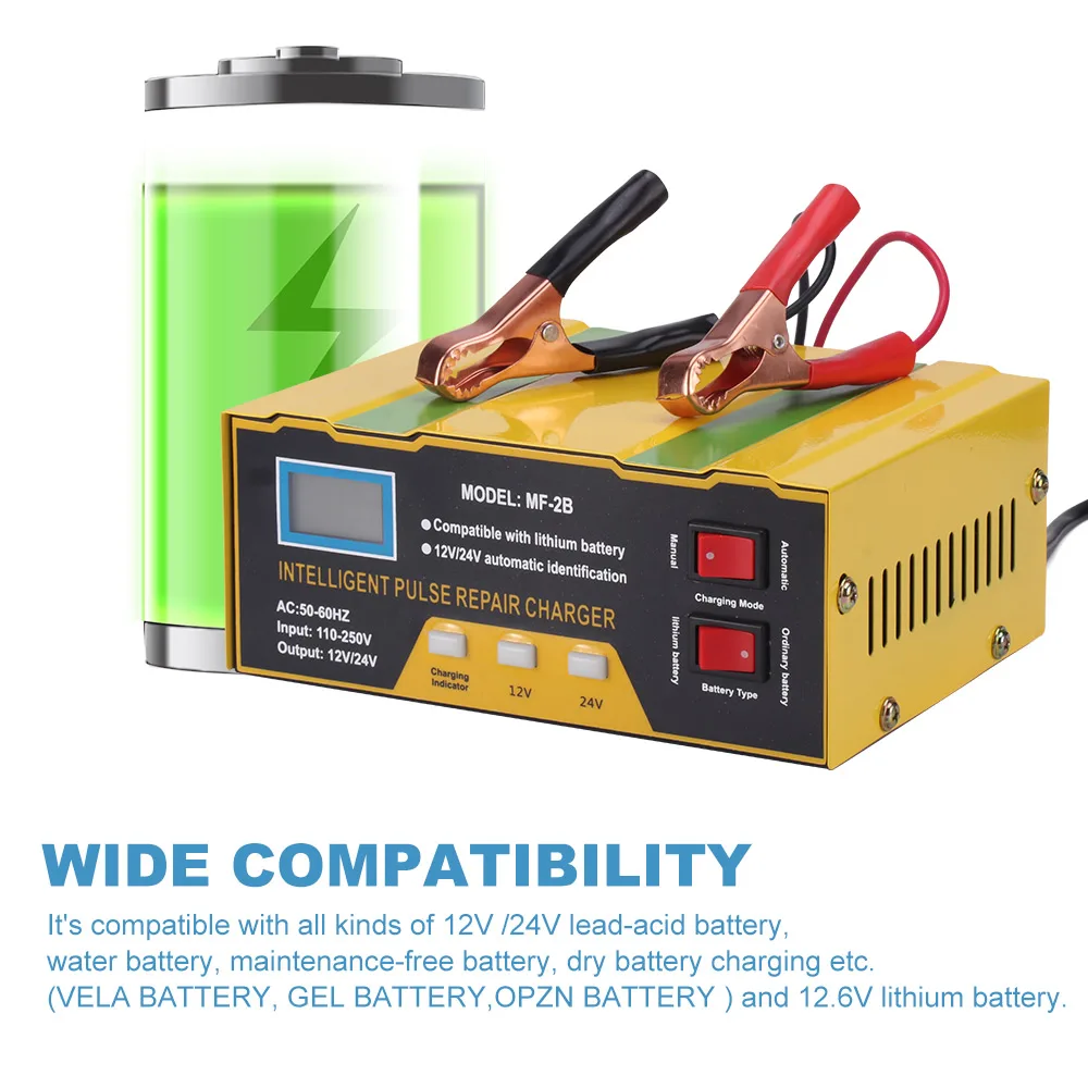 12/24V Car Battery Charger Automatic Intelligent Pulse Repair 130V-250V 200AH Five Charging Modes Lead Acid Battery With Adapter
12/24V Car Battery Charger Automatic Intelligent Pulse Repair 130V-250V 200AH Five Charging Modes Lead Acid Battery With Adapter