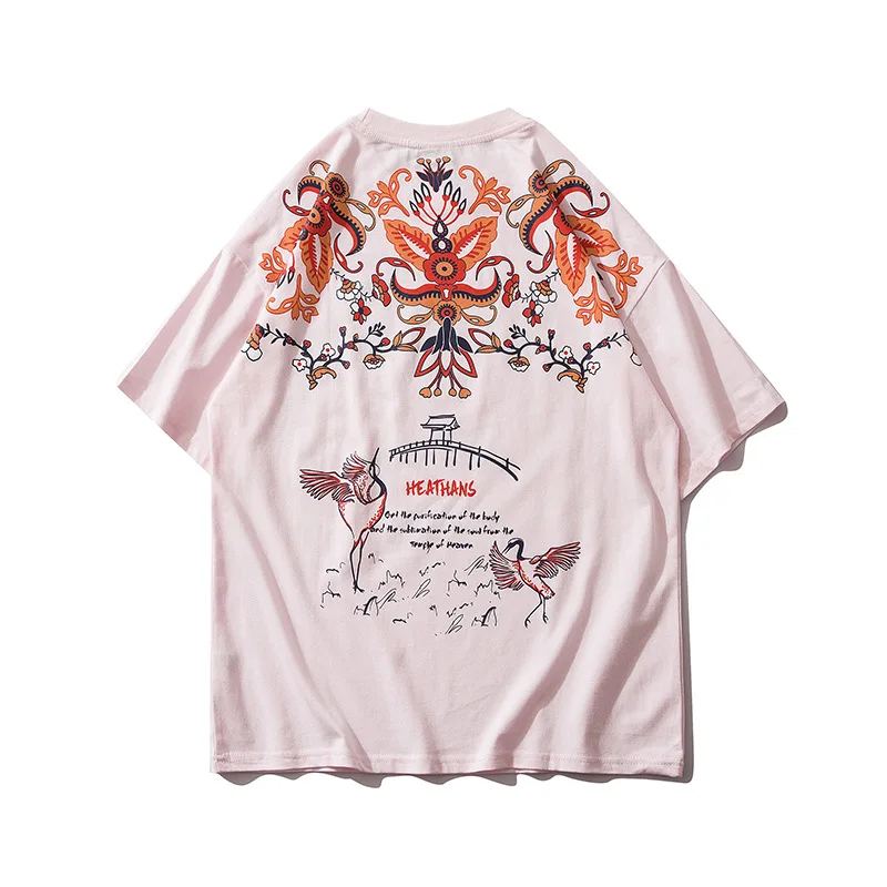 Chinese Style Sakura Crane Print Short Sleeve T Shirts Fashion Couple Streetwear Casual Loose 100% Cotton Loose Tees Tops Women
Chinese Style Sakura Crane Print Short Sleeve T Shirts Fashion Couple Streetwear Casual Loose 100% Cotton Loose Tees Tops Women