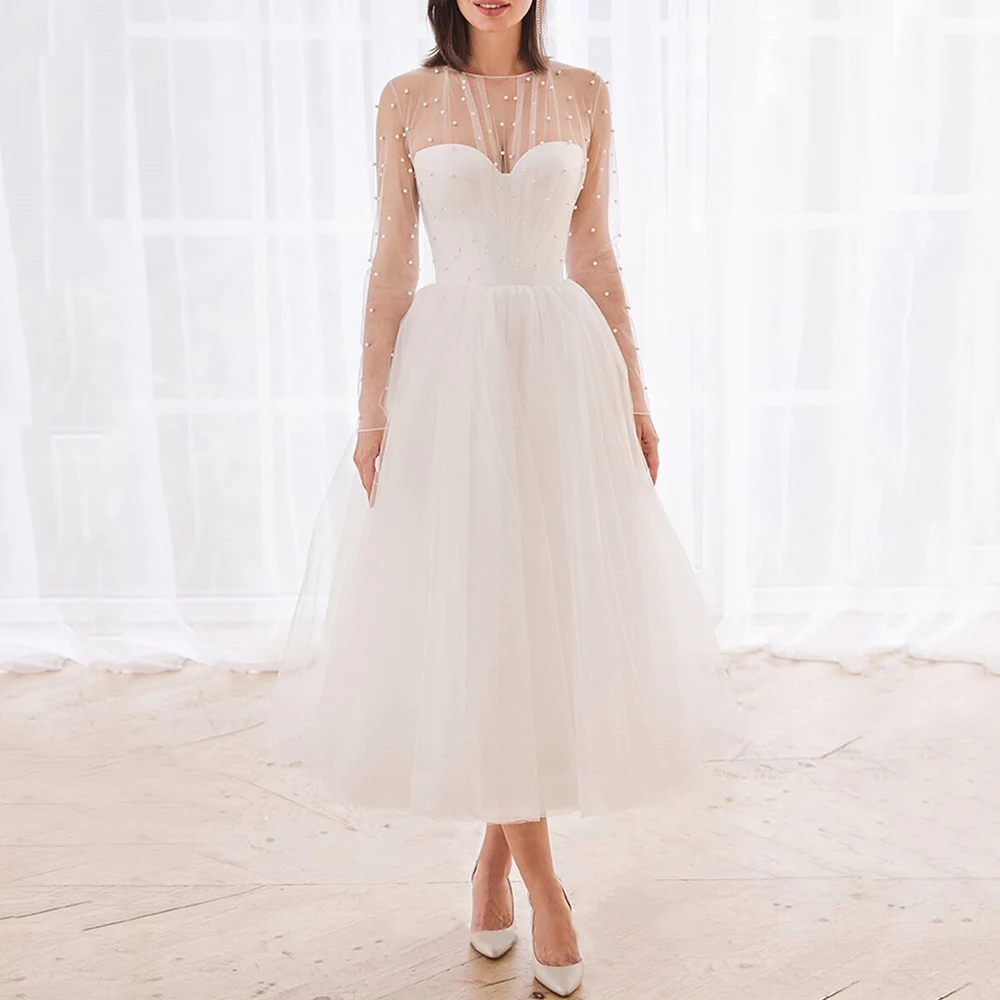 Vestido De Novia Illusion Beading Long Sleeve Tulle Wedding Dress Elegant A Line Bridal Gowns Mid Calf Simple White 
Vestido De Novia Illusion Beading Long Sleeve Tulle Wedding Dress Elegant A Line Bridal Gowns Mid Calf Simple White