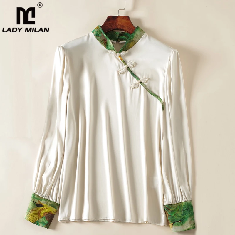 92% Silk 8% Spandex Women's Shirt Stand Collar Long Sleeves Vintage Buttons Printed Patchwork Elegant Blouse Tops
92% Silk 8% Spandex Women's Shirt Stand Collar Long Sleeves Vintage Buttons Printed Patchwork Elegant Blouse Tops