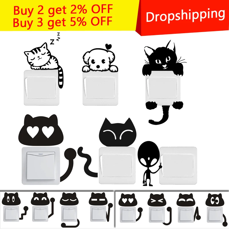 

Creative Cartoon DIY Funny Cute Cat Dog Switch Stickers Wall Stickers for kids rooms Bedroom Parlor Decoration home decor