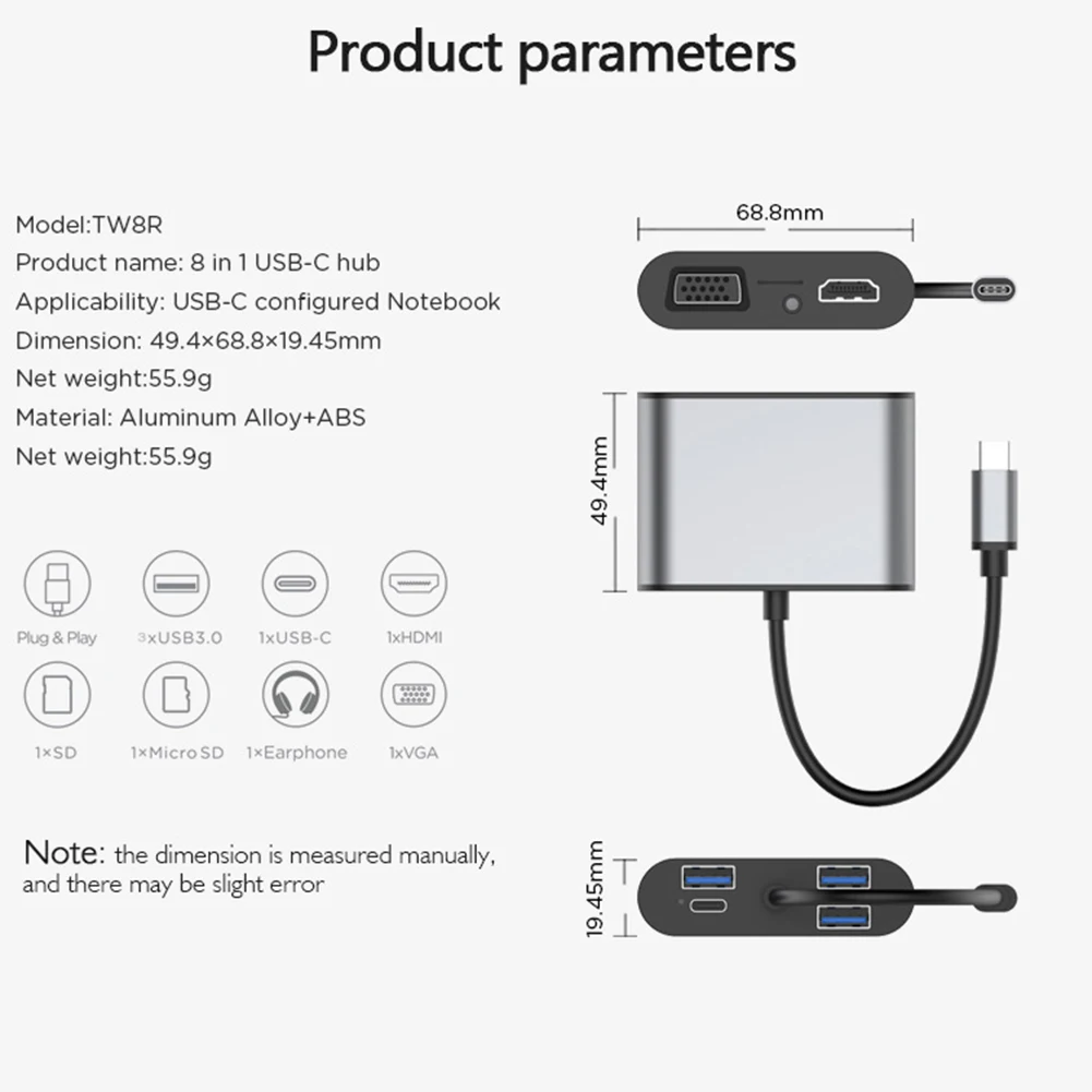 USB Type C Hub HDMI Converter 8 in 1 Type C to HDMI USB 3.0 PD VGA SD/TF Card Reader Multiport Adaptor for Notebooks
USB Type C Hub HDMI Converter 8 in 1 Type C to HDMI USB 3.0 PD VGA SD/TF Card Reader Multiport Adaptor for Notebooks