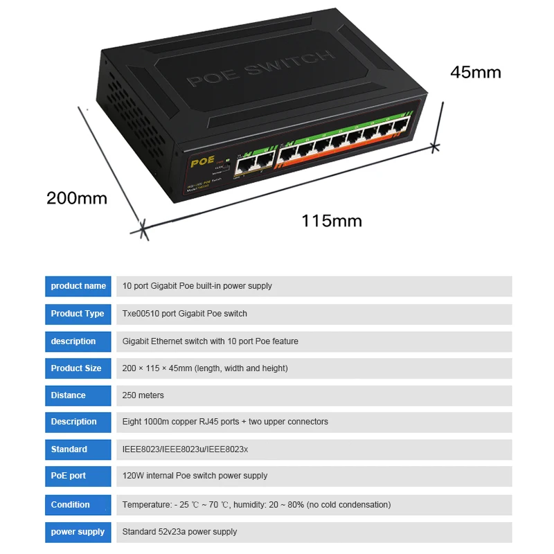 POE Gigabit switch 10 Port 1000Mbps 120W VLAN power supply switch at 250M ethernet switch for IP camera/Wireless AP/POE camera
POE Gigabit switch 10 Port 1000Mbps 120W VLAN power supply switch at 250M ethernet switch for IP camera/Wireless AP/POE camera