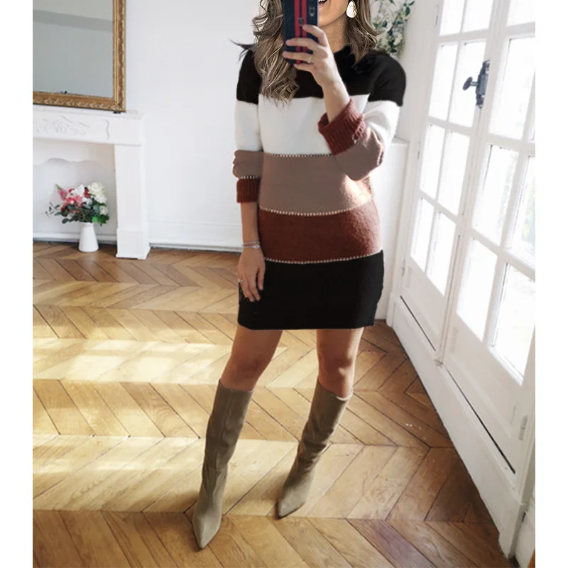 Women's Autumn and Winter Solid Color Stitching Knitted Dress Casual Contrasting Color round Neck Dress Sweater
Women's Autumn and Winter Solid Color Stitching Knitted Dress Casual Contrasting Color round Neck Dress Sweater