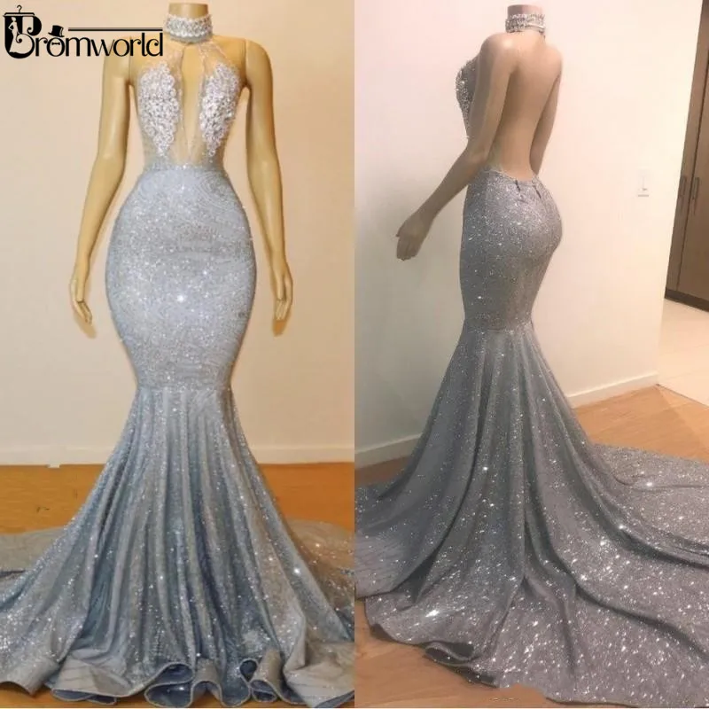 

Bling Silver Mermaid Prom Dresses Long 2023 Jewel Neck Beads Crystals Sexy Backless See Through Evening Gown Party Wear