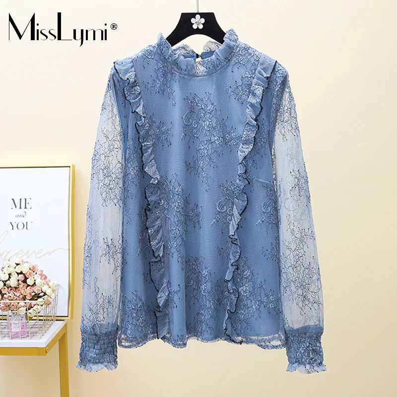 MissLymi XL-5XL Plus Size Women French Elegant Lace Blouse Blue Autumn 2021 Fashion Transparent Long Sleeve Ladies Ruffle Tops
MissLymi XL-5XL Plus Size Women French Elegant Lace Blouse Blue Autumn 2021 Fashion Transparent Long Sleeve Ladies Ruffle Tops
