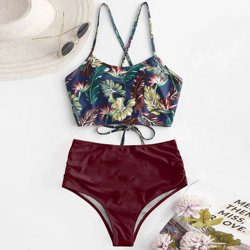 

Women's Tankini Set Sunflower Swimwear Adjustable Criss Cross Straps Bikini Ruched High Waisted Bathing Suit